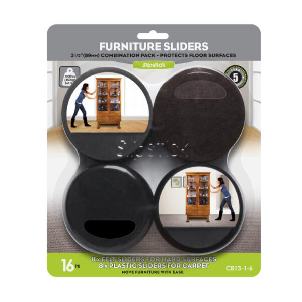 Name: Set of 16 – 3-1/2” (89mm) Plastic & Felt Furniture Sliders, Black/Brown – CB13-1-6